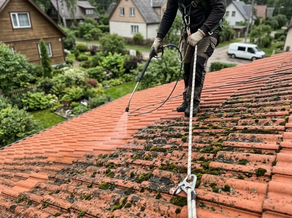 Profesionāla jumta mazgāšana Rīgā — sūnu noņemšana ar drošu metodi